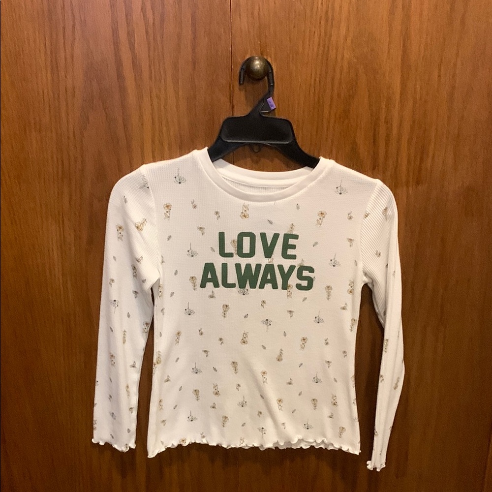 White Long Sleeve Tee with Green Love Always Print